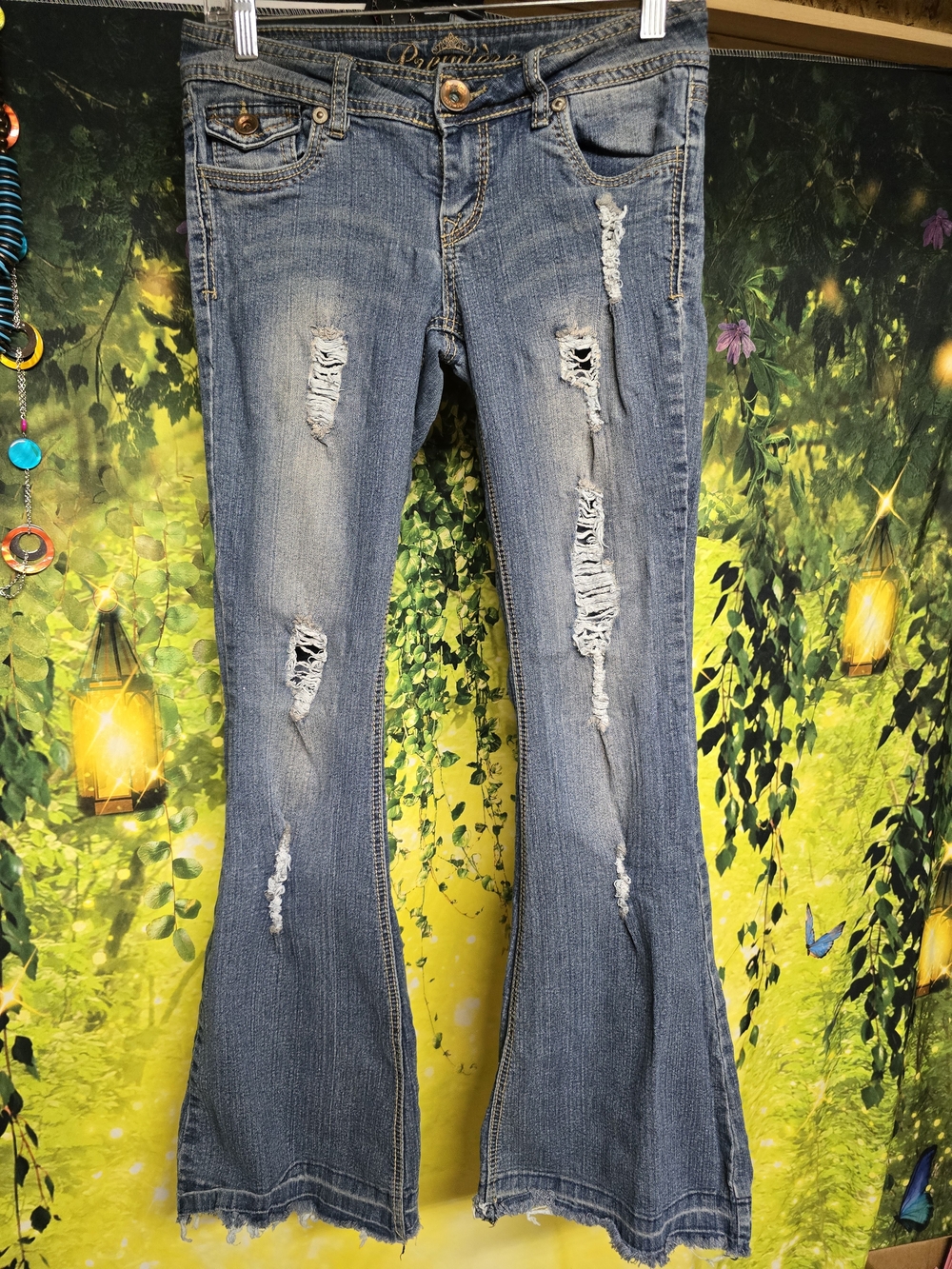 #141 Vintage Premier Distressed Low Rise Light Blue Flare Jeans